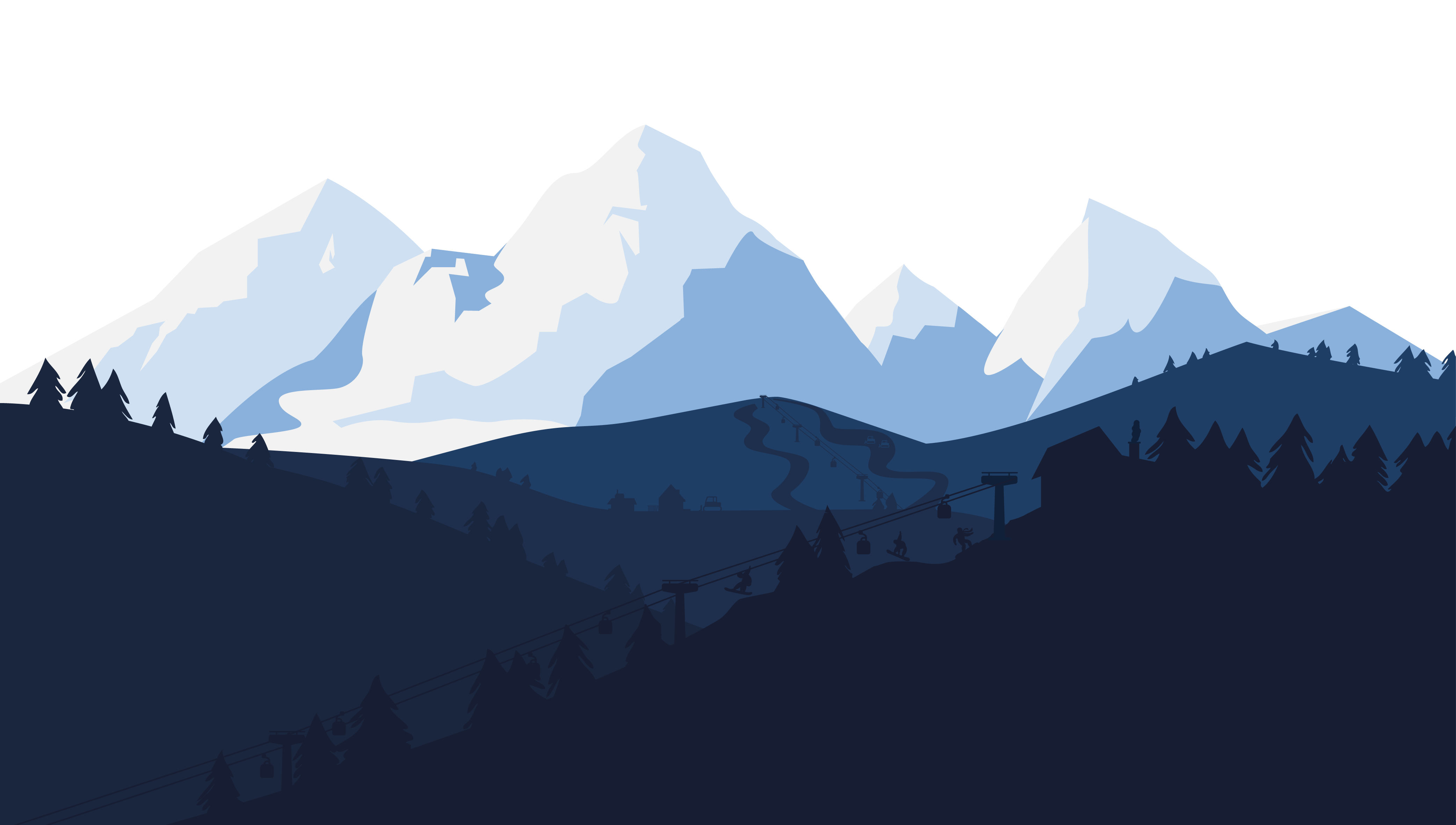 Illustrierte Alpenlandschaft mit Seilbahn, Piste und Pistenfahrzeug
